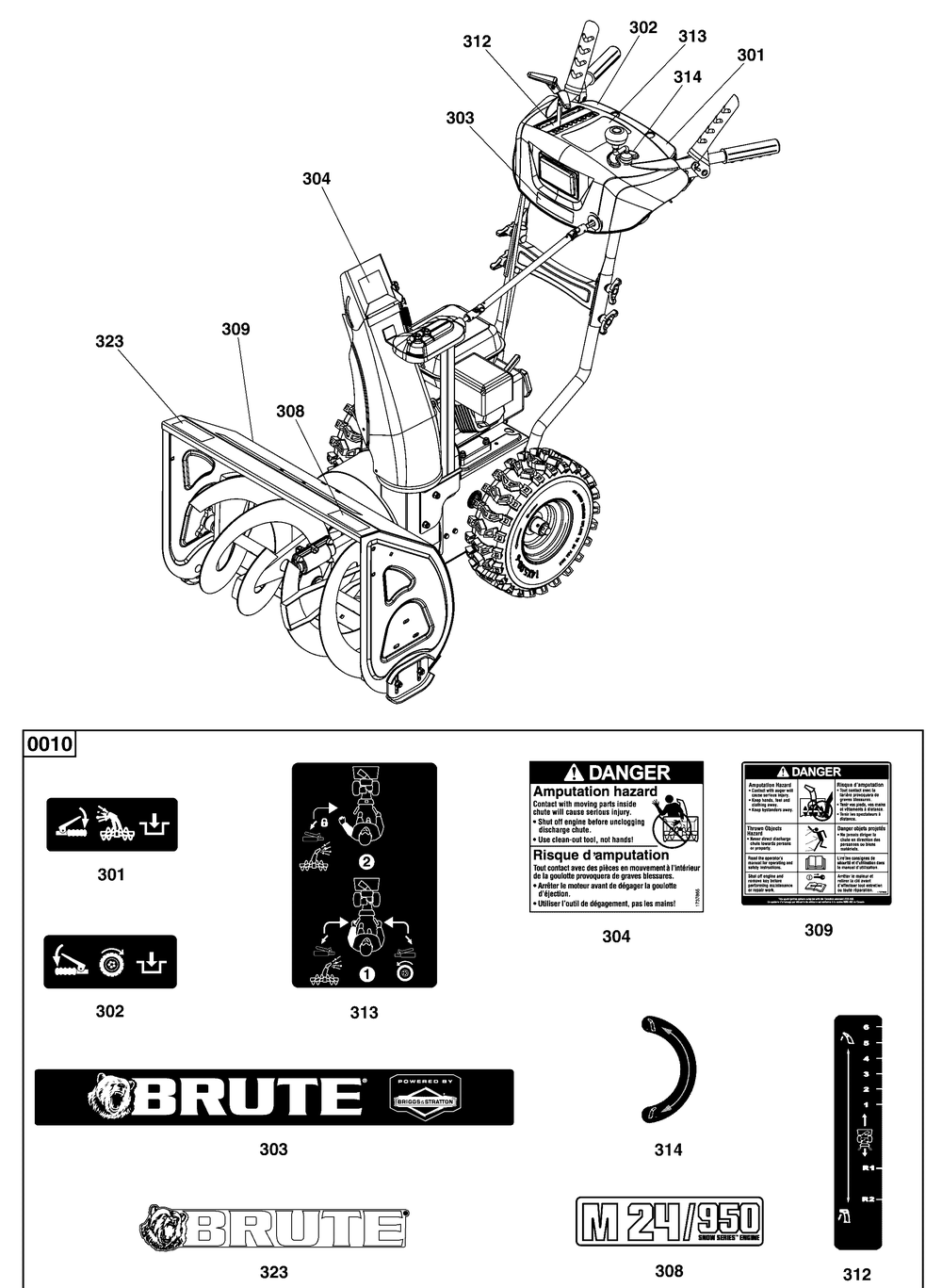 Decals Group Diagram and Parts List for 1696616-01-M24/950 2017 Briggs and Stratton Snow Blower